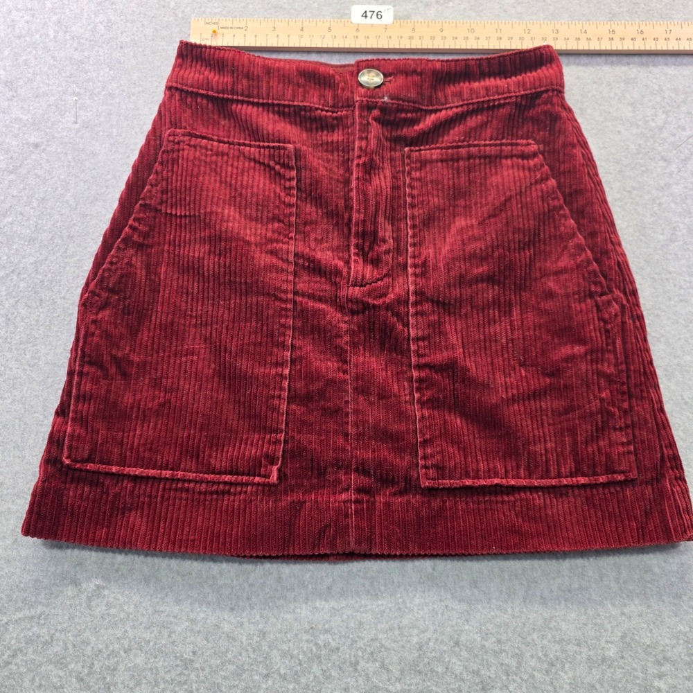 HM Burgundy Corduroy Mini Skirt Womens 4 Red A-Line Patch Pocket 0771338 0